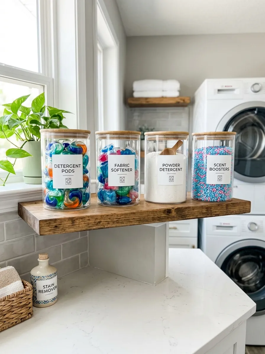Real-life photo of clear glass canisters filled with detergent pods and powder on a laundry room shelf, neatly organized and labeled, clean countertop, bright natural light, vibrant colored pods visible through glass, beautifully arranged, stock photography style.