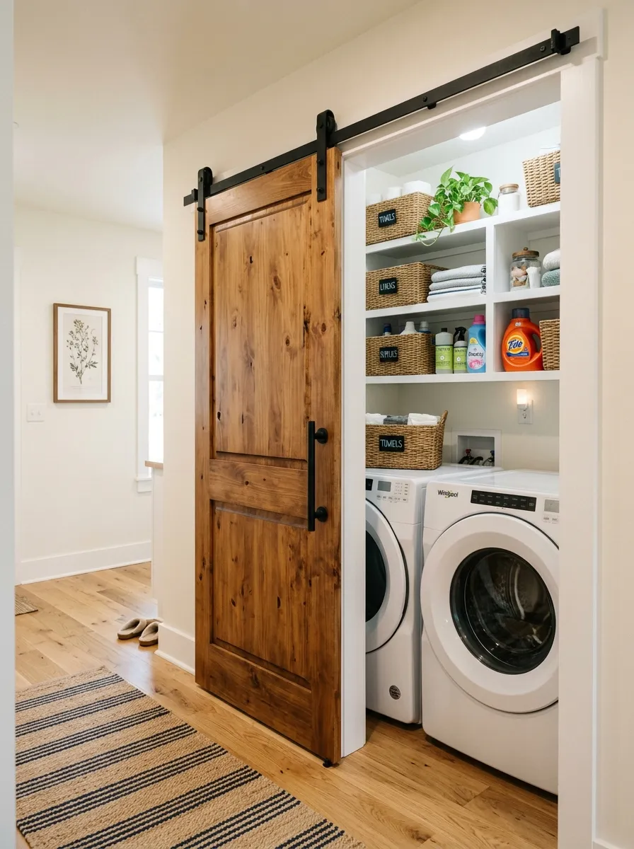 Real-life photo of a wooden sliding barn door partially open revealing a washer and dryer in a laundry closet, neatly organized shelves visible inside, clean hallway, bright natural light, vibrant wood tone, beautifully arranged, stock photography style.