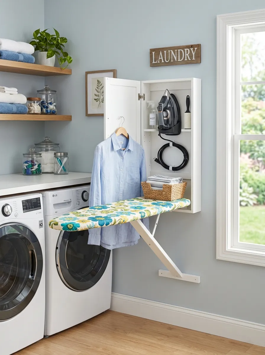 Real-life photo of a wall-mounted ironing station with board and iron neatly organized together in a laundry room, clean and tidy setup, bright natural light, vibrant fabric on the ironing board cover, beautifully arranged, stock photography style.