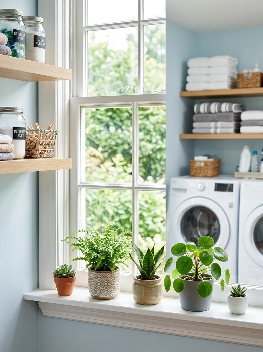Real-life photo of small potted plants on a laundry room windowsill, neatly arranged clean shelves nearby, organized folded towels in the background, bright natural light streaming in, vibrant green leaves, beautifully arranged, stock photography style.