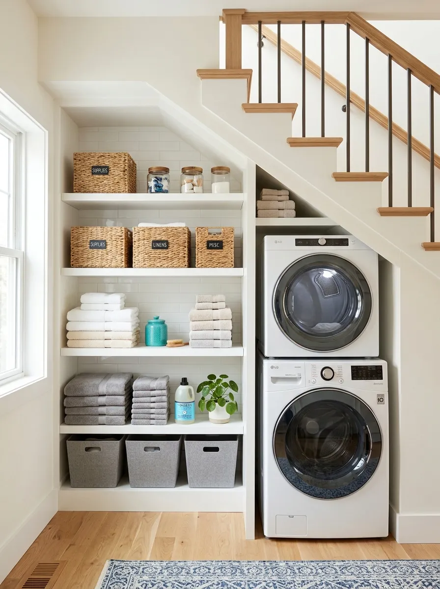 Real-life photo of a stacked washer and dryer fitted under a staircase, neatly organized shelves built into the sloped wall, folded towels beautifully arranged, clean and tidy space, bright natural light, vibrant accent color, stock photography style.