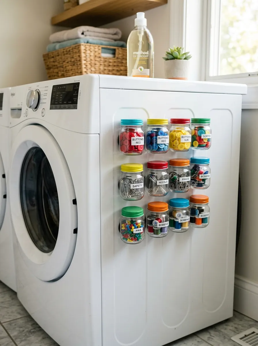 Real-life photo of small magnetic jars attached to the side of a washer in a laundry room, neatly organized with buttons and pins visible, clean metal surface, bright natural light, vibrant jar lid colors, beautifully arranged, stock photography style.