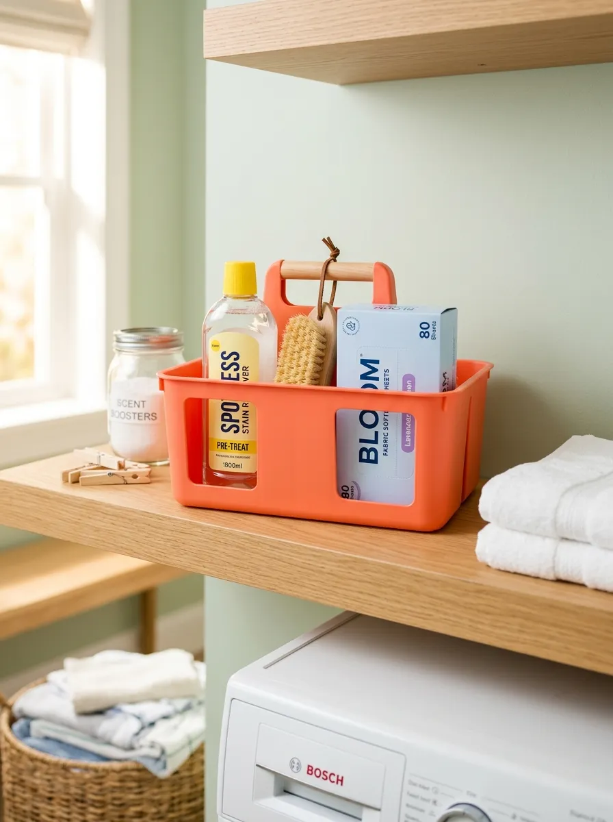 Real-life photo of a small caddy filled with stain remover, brush, and fabric softener sheets on a laundry room shelf, neatly organized and clean, bright natural light, vibrant caddy color, beautifully arranged, stock photography style.