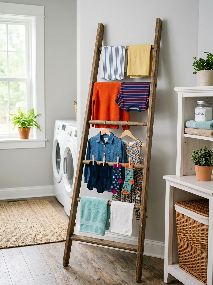 Real-life photo of a wooden ladder used as a drying rack in a laundry room, neatly made with a few garments hanging on each rung, clean and organized space, bright natural light, vibrant fabric colors, beautifully arranged, stock photography style.