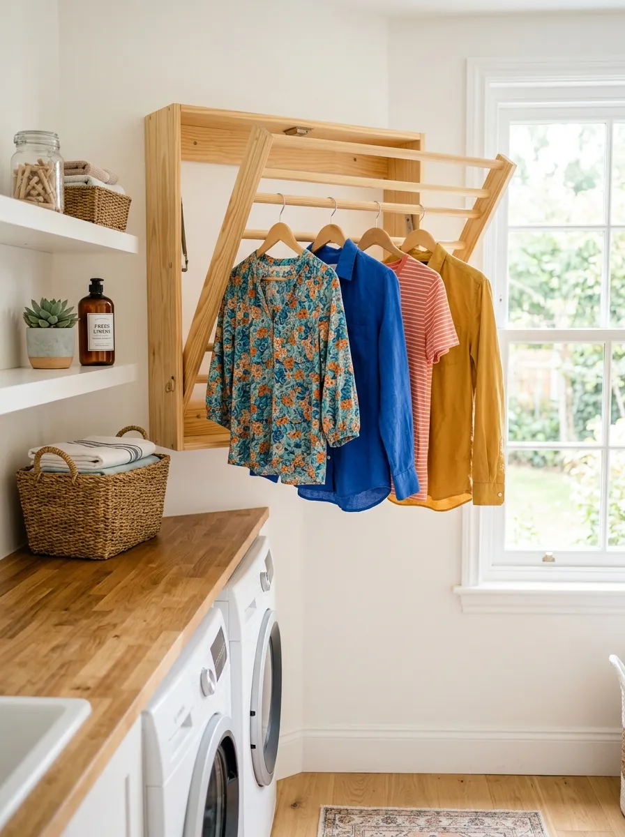 Real-life photo of a fold-down wooden drying rack mounted on a laundry room wall, neatly made with a few clean shirts hanging, organized and clean surroundings, bright natural light, vibrant fabric colors, beautifully arranged small space, stock photography style.