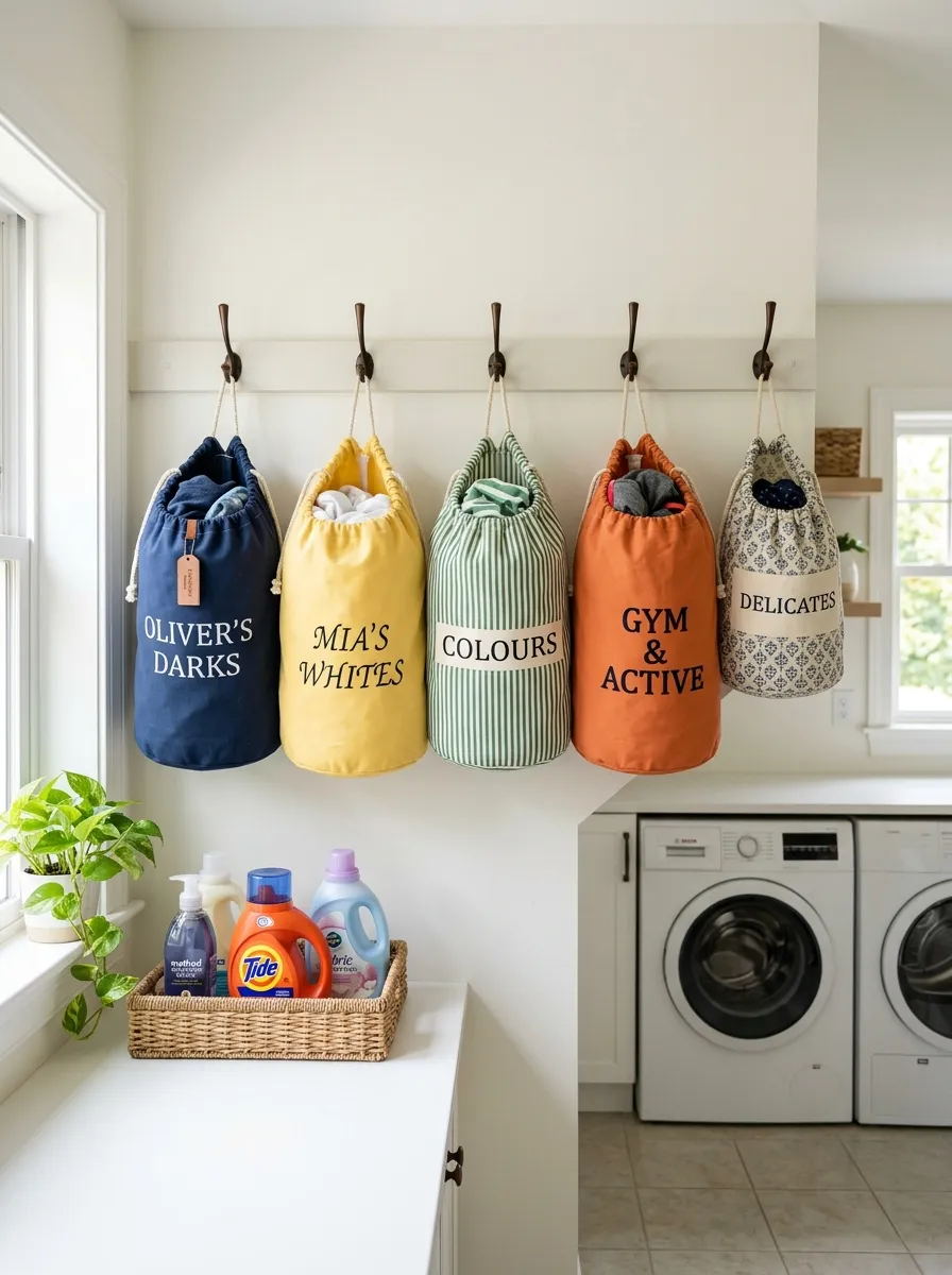 Real-life photo of personalized fabric laundry bags hanging on hooks in a laundry room, neatly organized and labeled, clean wall space, bright natural light, vibrant bag colors, beautifully arranged, stock photography style.