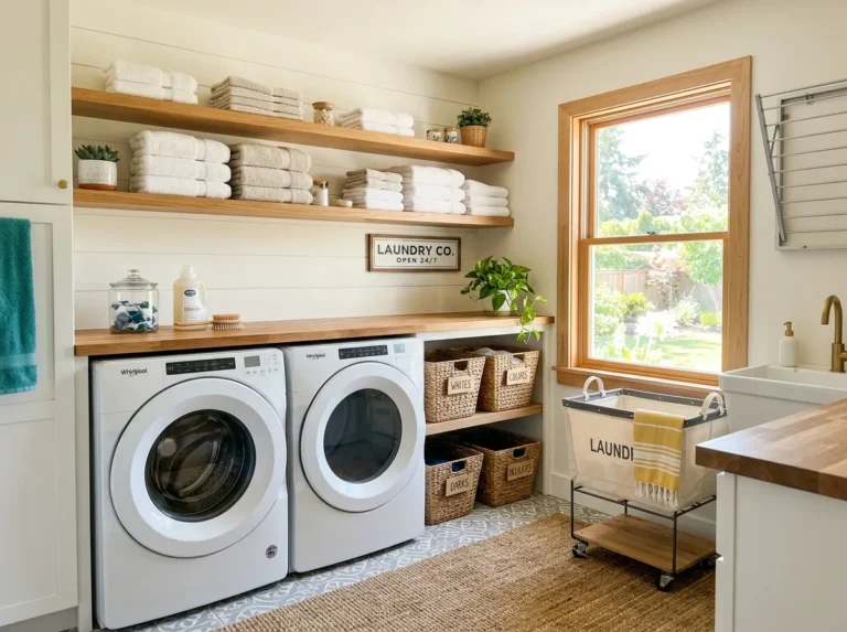 Real-life photo of a bright, neatly organized laundry room with a washer and dryer, folded towels beautifully arranged on open shelves, clean baskets labeled and tidy, bright natural light pouring through a window, vibrant accent colors, stock photography style, Pinterest-worthy and inspiring.