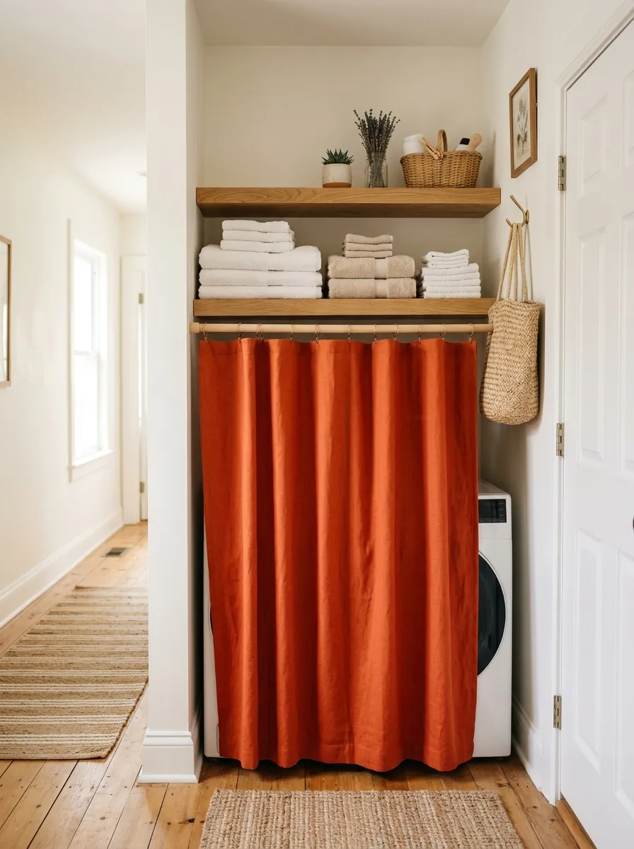 Real-life cozy hallway laundry nook with a neatly made linen curtain covering a washer and dryer, folded towels beautifully arranged on a small shelf above, organized and clean space, bright natural light, vibrant curtain color, stock photography style.