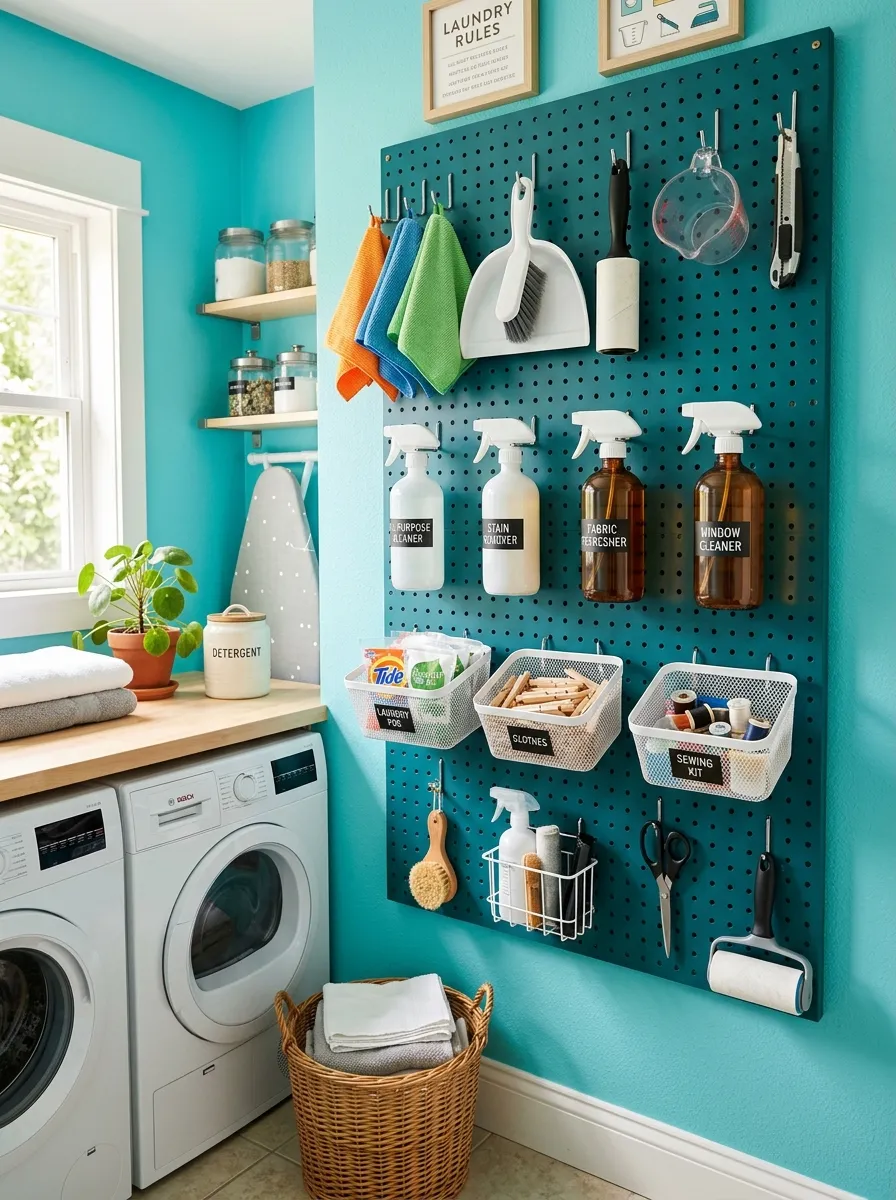 Real-life photo of a colorful pegboard wall in a laundry room, neatly organized with hanging tools, spray bottles, and small baskets, beautifully arranged, clean and tidy setup, bright natural light, vibrant paint color, stock photography style.