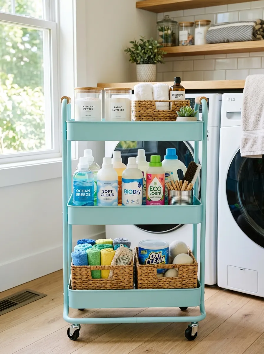 Real-life photo of a neatly organized rolling utility cart in a laundry room, beautifully arranged with detergent bottles, folded cloths, and small baskets on each tier, clean and tidy, bright natural light, vibrant colors, stock photography style.