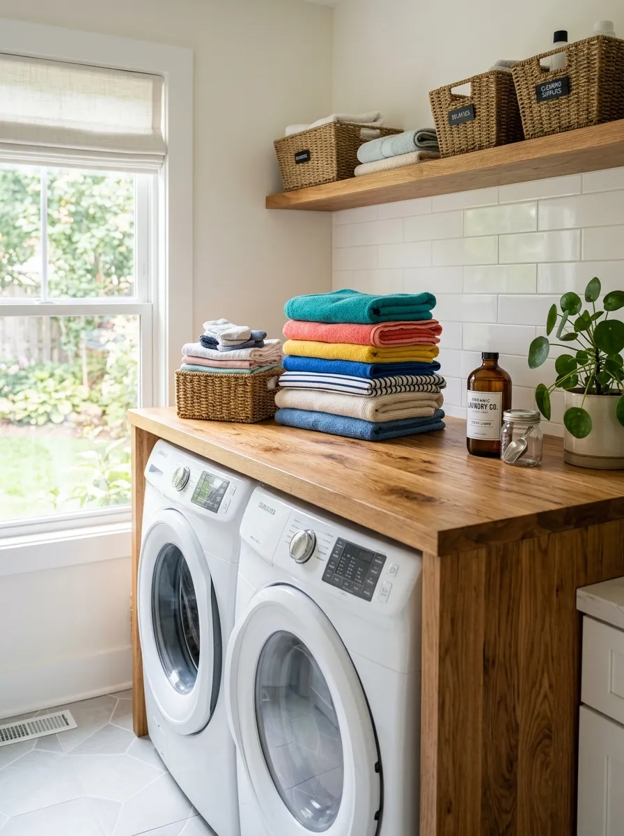 Real-life photo of a wooden countertop built over a washer and dryer in a laundry room, neatly made with folded clothes stacked on top, organized and clean, bright natural light, vibrant folded fabric colors, beautifully arranged, stock photography style.