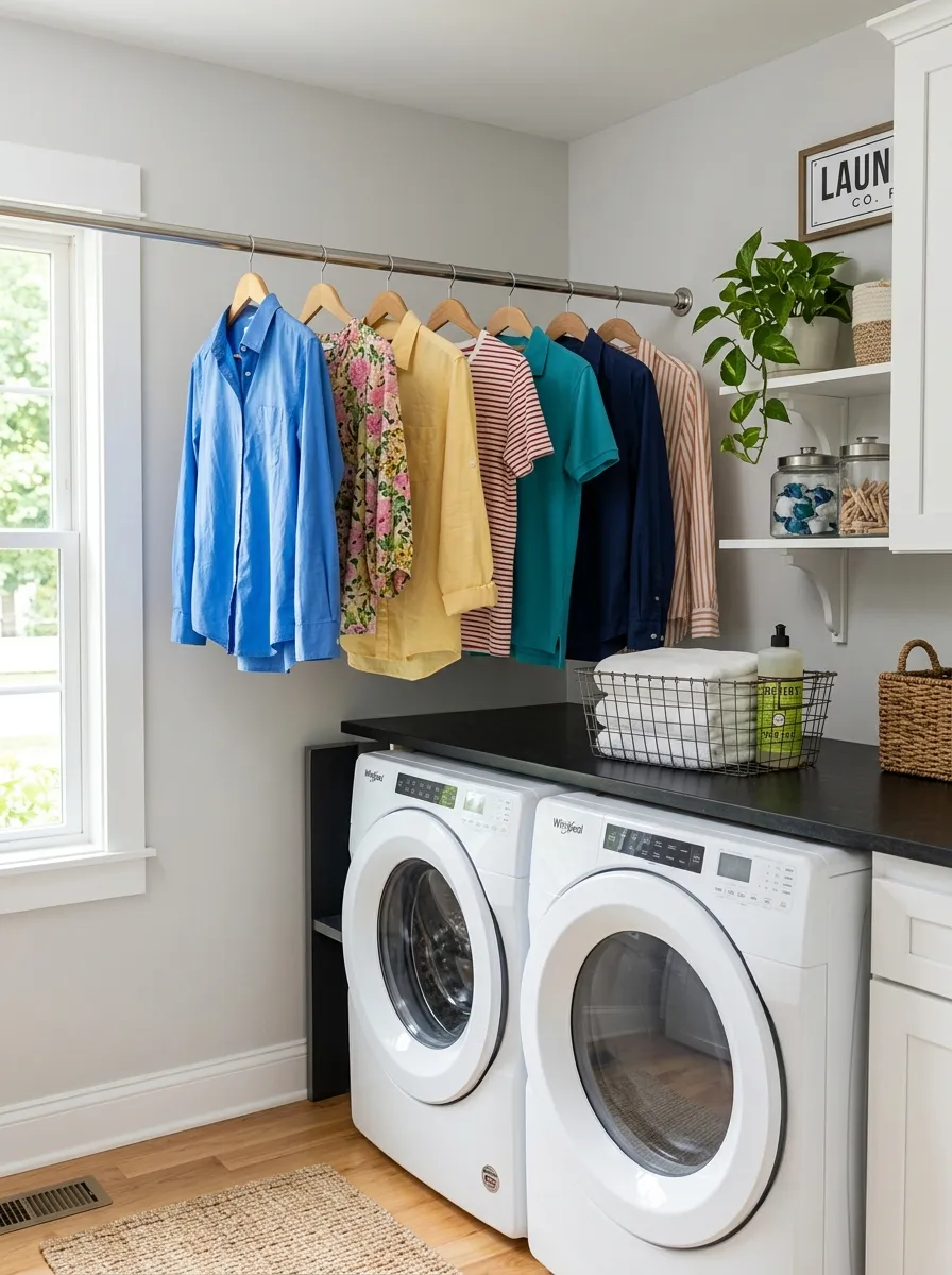 Real-life photo of a metal rod mounted above a washer and dryer in a laundry room, neatly made with a few hanging shirts on wooden hangers, clean and organized space, bright natural light, vibrant clothing colors, beautifully arranged, stock photography style.