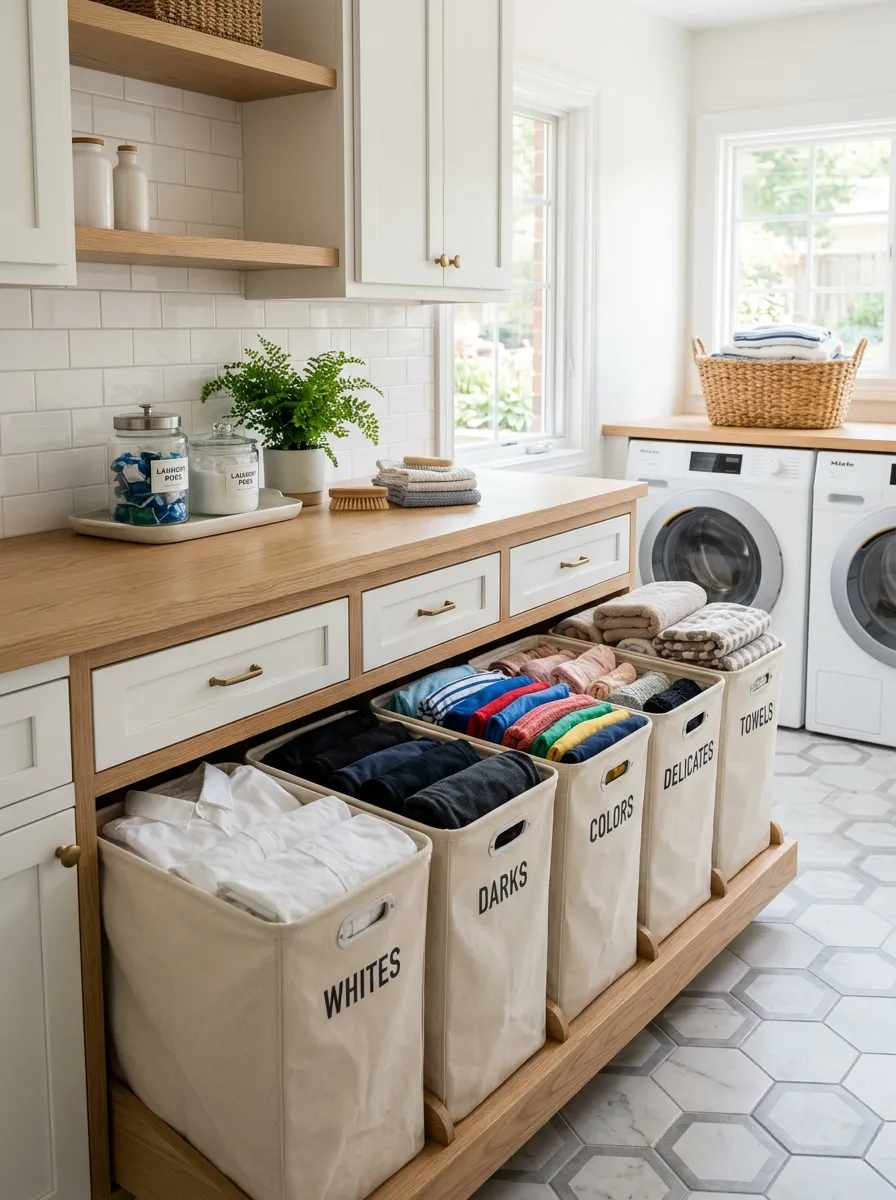 Real-life photo of built-in laundry sorting bins labeled by color in a laundry room, neatly organized with folded clothes inside each bin, clean and tidy, bright natural light, vibrant fabric colors, beautifully arranged, stock photography style.