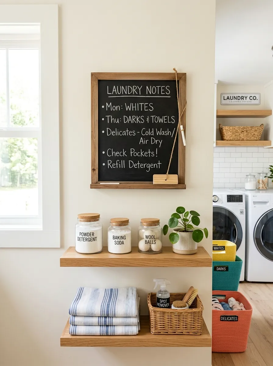 Real-life photo of a small chalkboard mounted on a laundry room wall with handwritten notes, neatly organized surrounding shelves, clean and tidy space, bright natural light, vibrant colored baskets nearby, beautifully arranged, stock photography style.