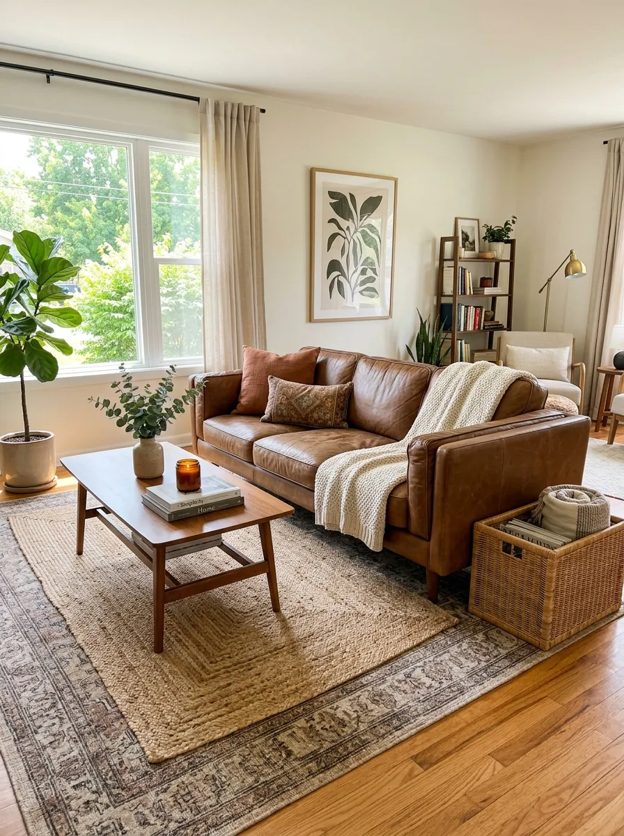 A real-life living room with a brown leather couch, neatly made with a beautifully arranged natural jute rug layered underneath, organized rattan basket beside the sofa, clean wooden coffee table, bright natural light from a large window, warm vibrant tones, photorealistic stock photo, wide angle, no people.