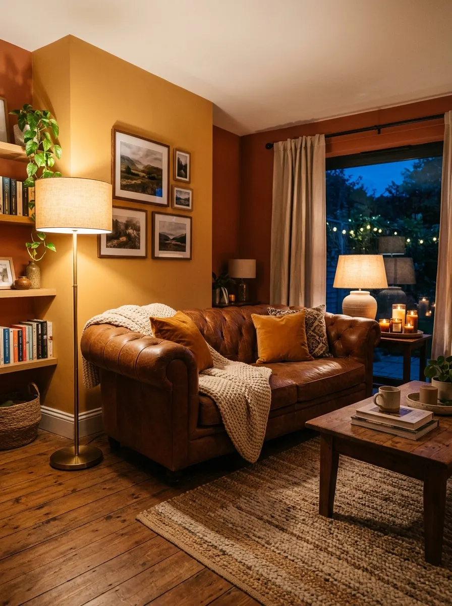 A real-life living room in the evening with a leather couch, neatly arranged warm floor lamp and table lamp casting soft golden light, beautifully organized lit candles on a side table, cozy clean styling, warm vibrant amber tones, photorealistic stock photo, no people, no text.