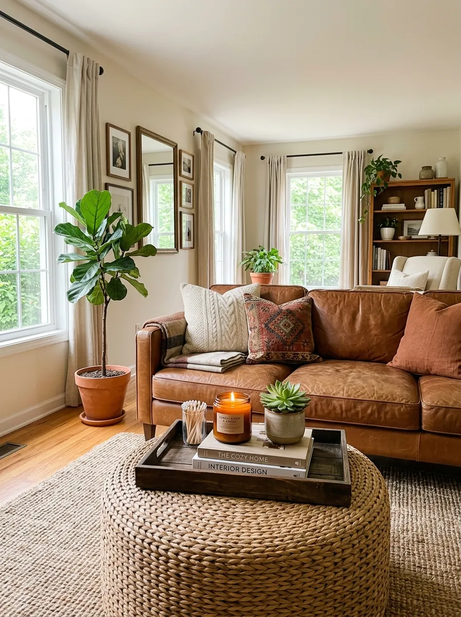 A real-life living room with a leather couch and a beautifully arranged woven storage ottoman neatly placed in front of it, organized wooden tray on top with a candle and small plant, clean cozy styling, bright natural light, warm vibrant tones, photorealistic stock photo, no people.