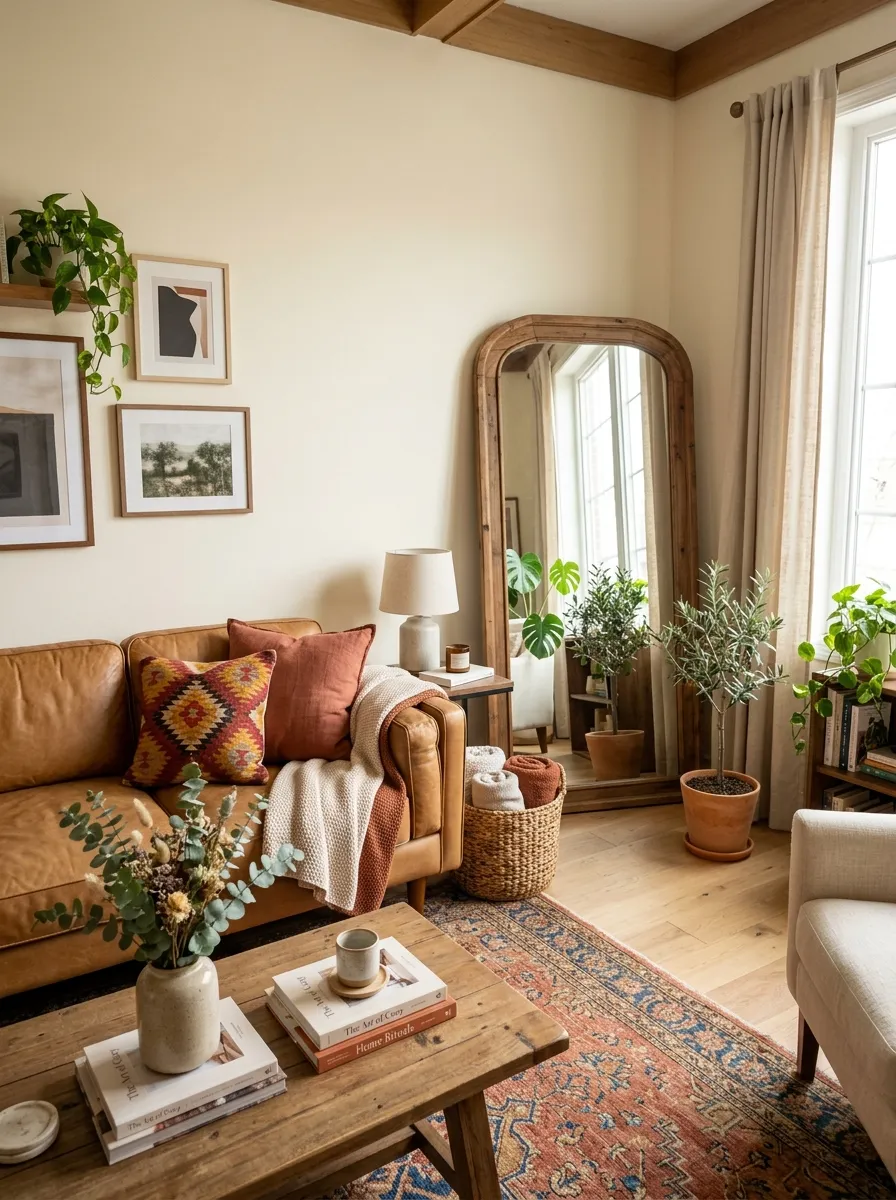 A real-life small living room with a tan leather couch, a beautifully arranged large mirror neatly leaning against the wall nearby, organized clean floor space, bright natural light bouncing off the mirror, soft vibrant warm tones, photorealistic stock photo, wide angle, no people.