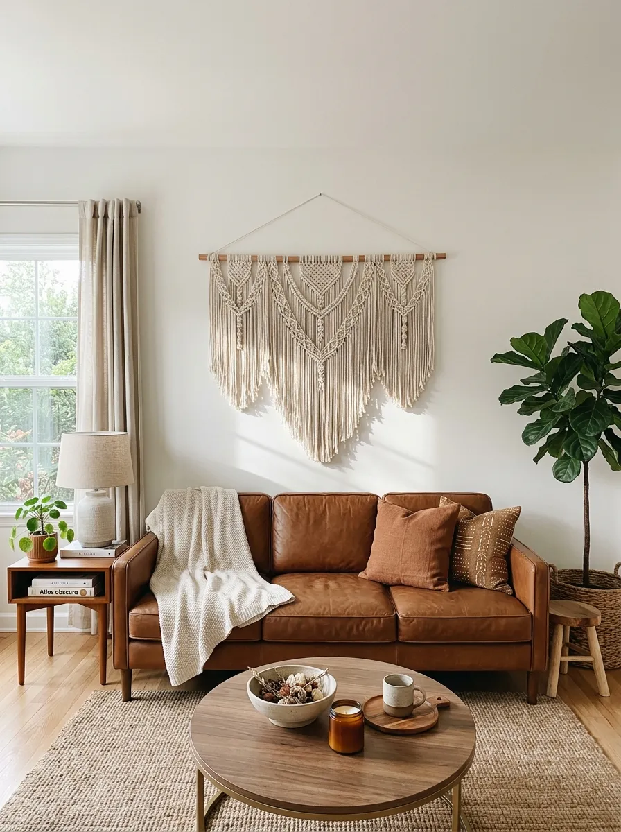 A real-life living room with a brown leather couch beneath a beautifully arranged woven macrame wall hanging, neatly centered on a clean wall, organized minimal styling, bright natural light casting soft shadows through the fibers, warm vibrant neutral tones, photorealistic stock photo, no people.