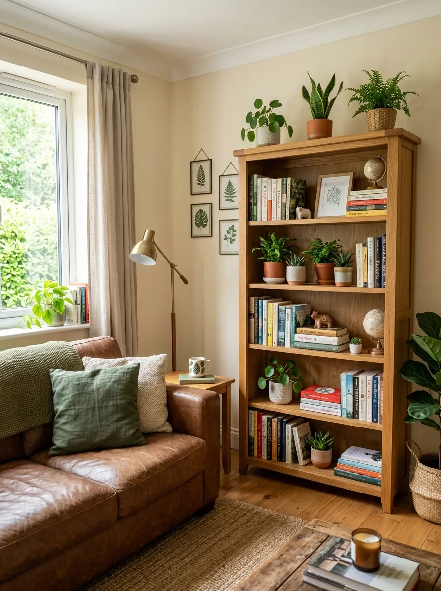A real-life living room with a leather couch beside a beautifully arranged open wooden bookshelf, neatly organized books and small plants grouped in odd numbers, clean styled shelf, bright natural light, warm vibrant green and neutral tones, photorealistic stock photo, no people.