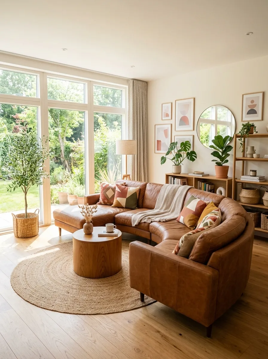 A real-life living room with a beautifully arranged curved cognac leather couch, neatly paired with a round wooden side table and circular jute rug, organized soft geometric styling, bright natural light, warm vibrant tones, photorealistic stock photo, wide angle, no people.