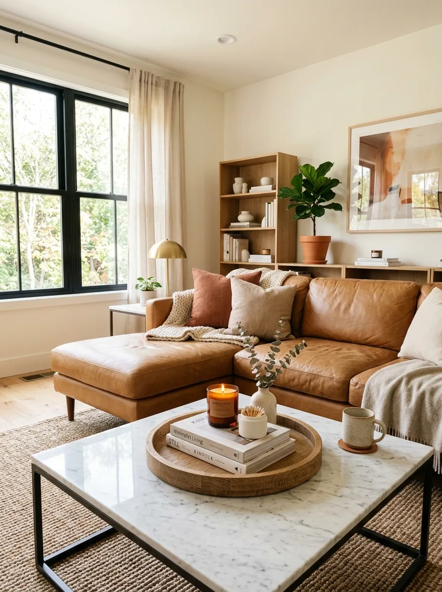 A real-life living room with a tan leather couch and a beautifully arranged marble stone coffee table neatly styled with a tray and candle, organized minimal decor, clean modern setup, bright natural light, warm vibrant tones, photorealistic stock photo, eye-level shot, no people.