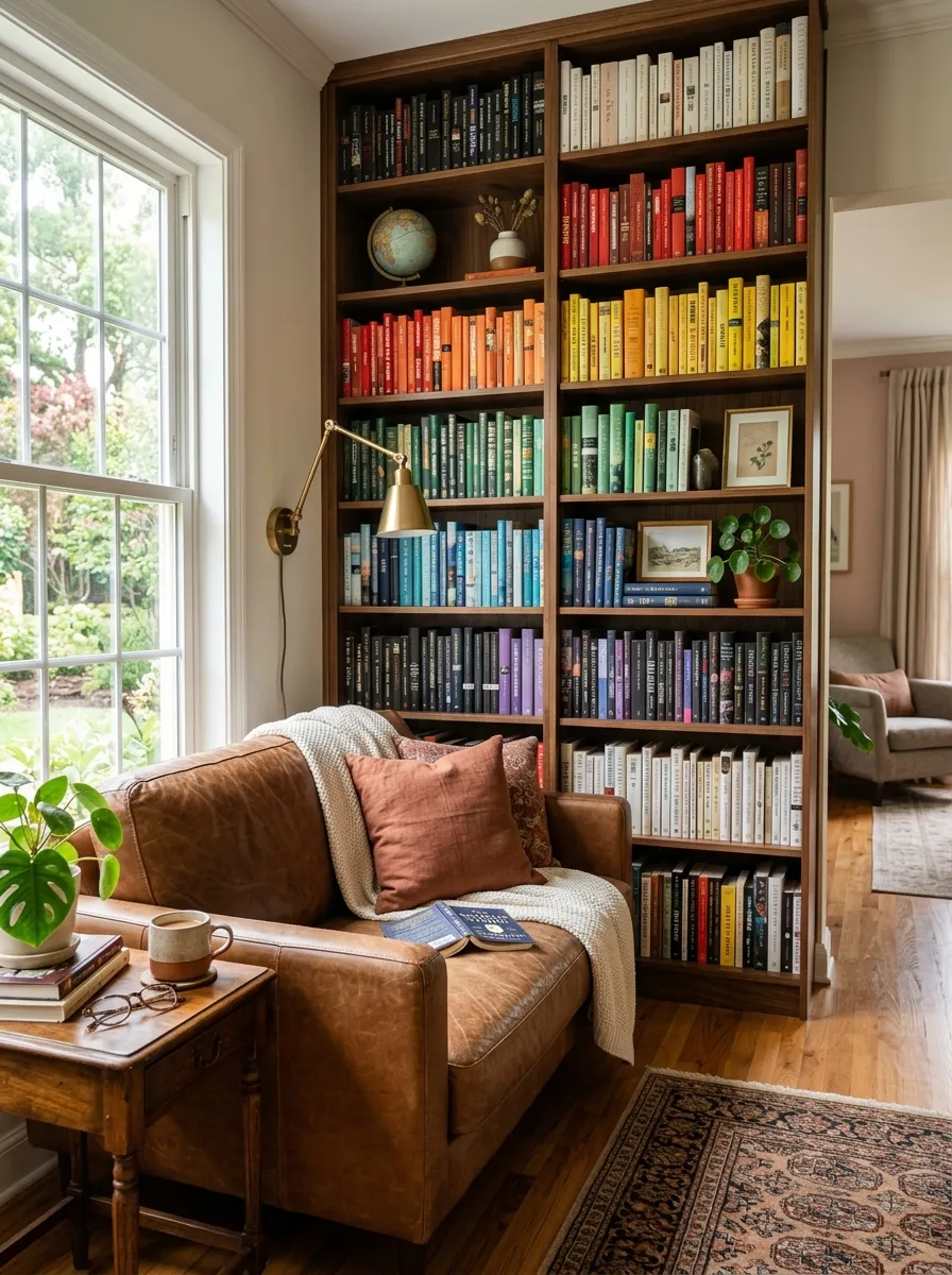 A real-life living room with a leather couch beside a beautifully arranged tall wooden bookshelf styled as a home library nook, neatly organized books grouped by color, clean reading lamp overhead, bright natural light, warm vibrant tones, photorealistic stock photo, no people.