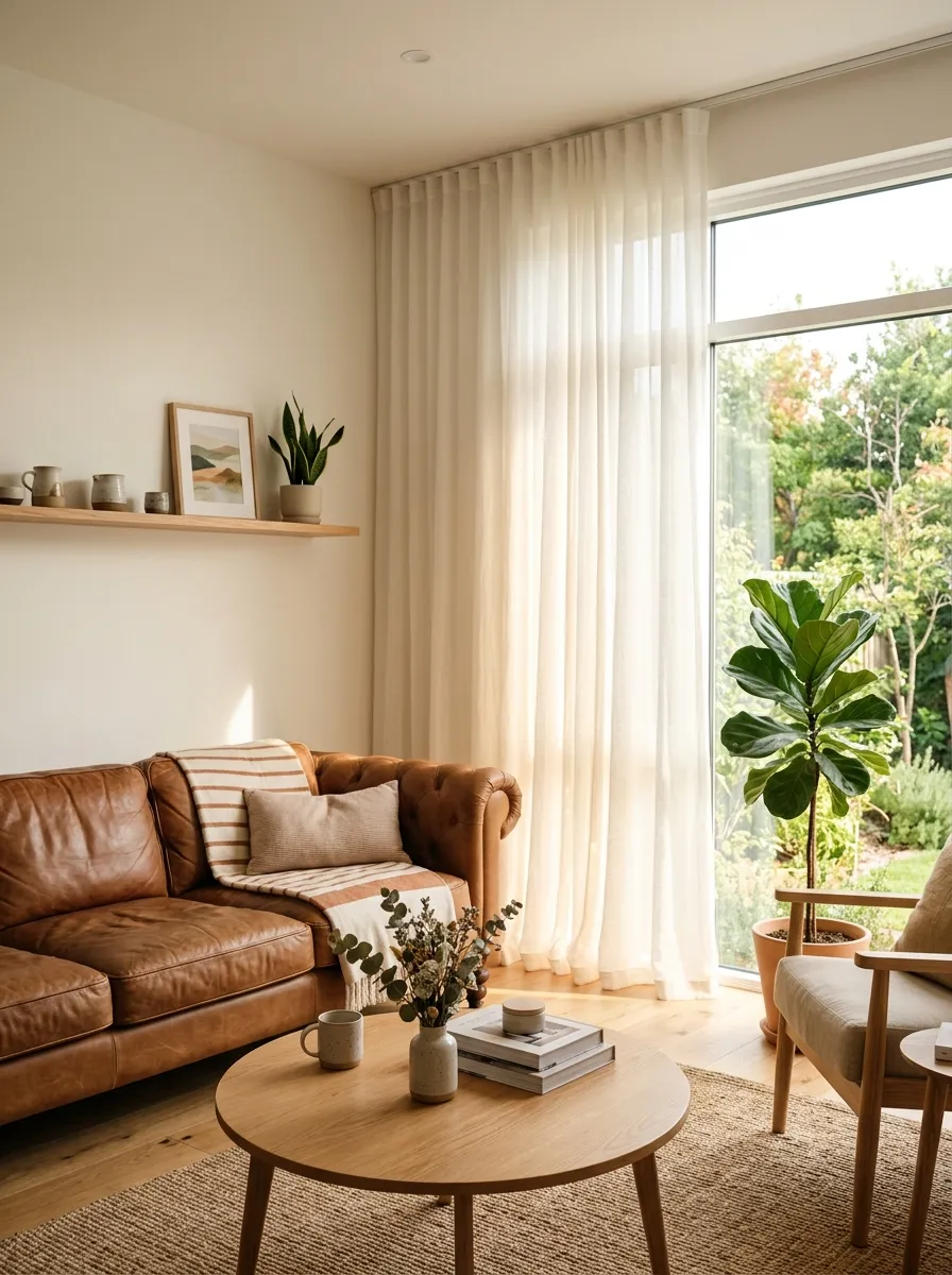 A real-life living room with a leather couch near a large window, beautifully arranged sheer white curtains neatly diffusing soft daylight, organized clean minimal styling, bright natural light glowing through the fabric, warm vibrant tones, photorealistic stock photo, no people, no text.