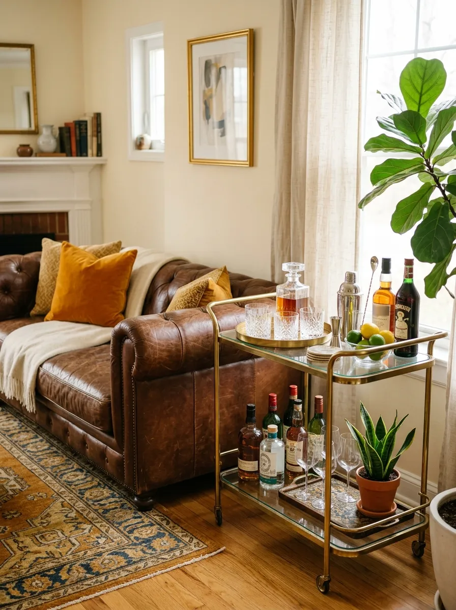 A real-life living room with a leather couch and a beautifully arranged brass bar cart neatly styled nearby with glasses and bottles, organized clean setup, bright natural light, warm vibrant amber and gold tones, photorealistic stock photo, no people, no text.