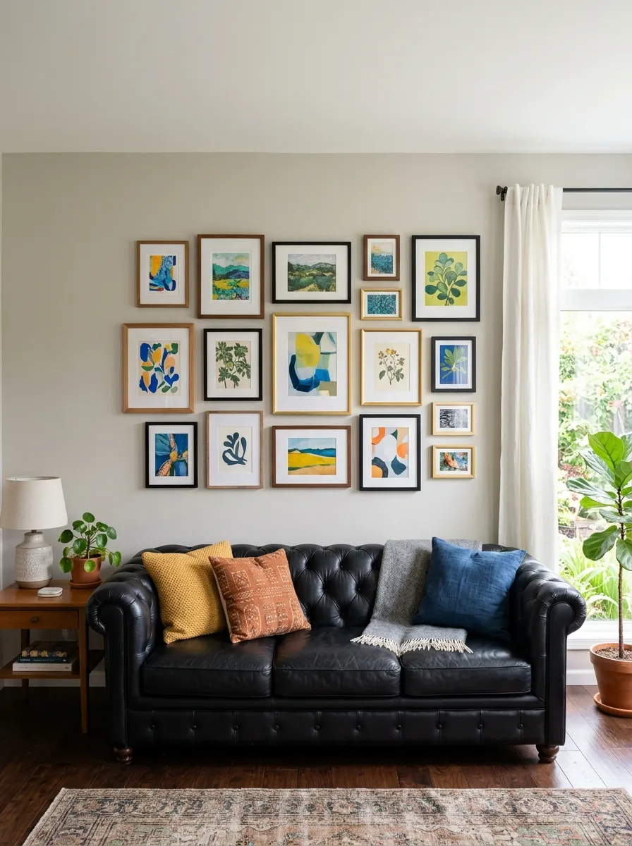 A real-life living room featuring a black leather couch beneath a beautifully arranged gallery wall of mixed frame sizes, neatly organized in a clean grid layout, bright natural light hitting the frames, vibrant accent colors in the artwork, photorealistic stock photo, eye-level shot, no people, no text.