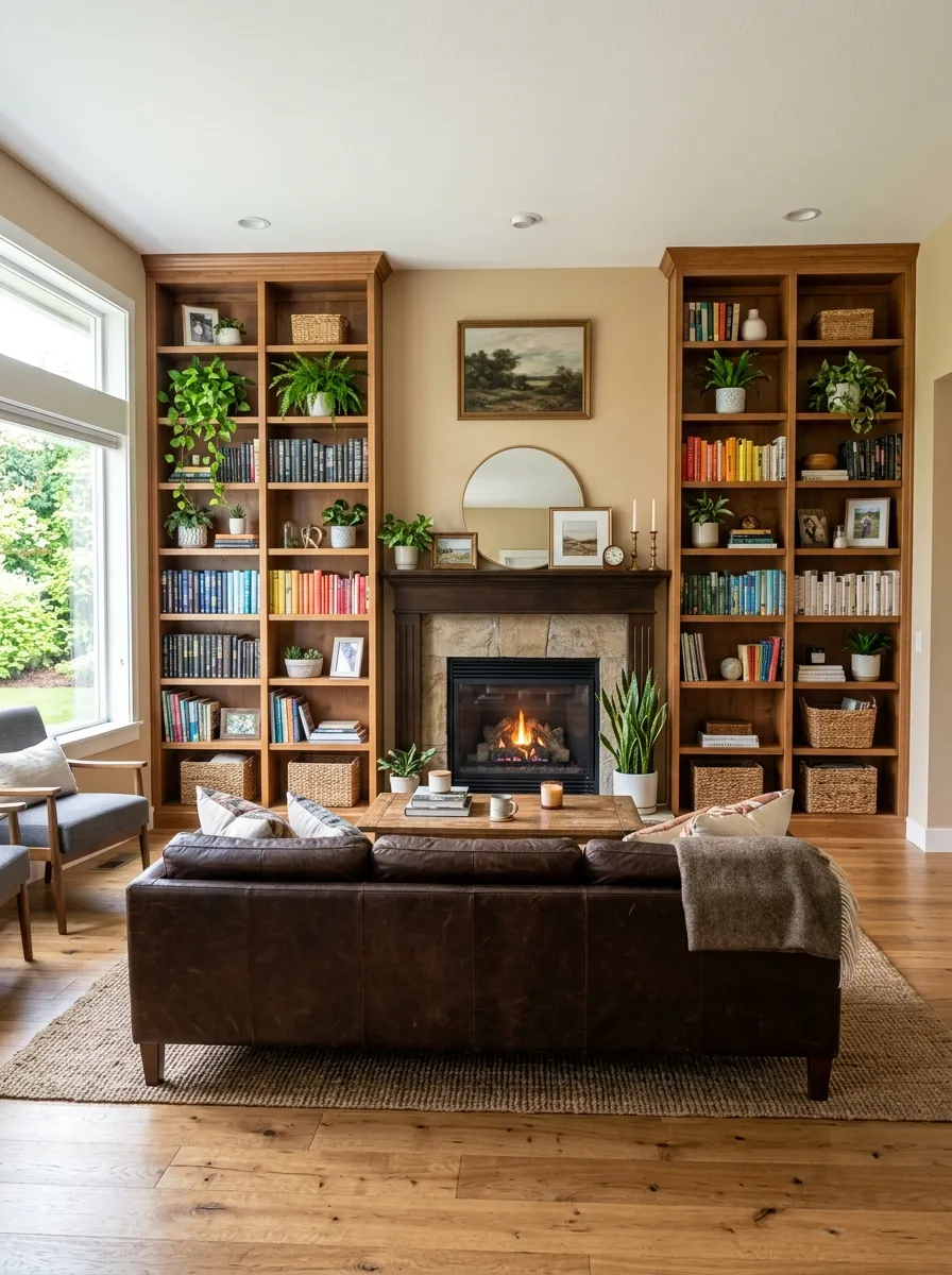 A real-life living room with a leather couch facing a fireplace flanked by beautifully arranged built-in wooden shelving, neatly organized books and plants on each side, clean symmetrical styling, bright natural light, warm vibrant tones, photorealistic stock photo, wide angle, no people.