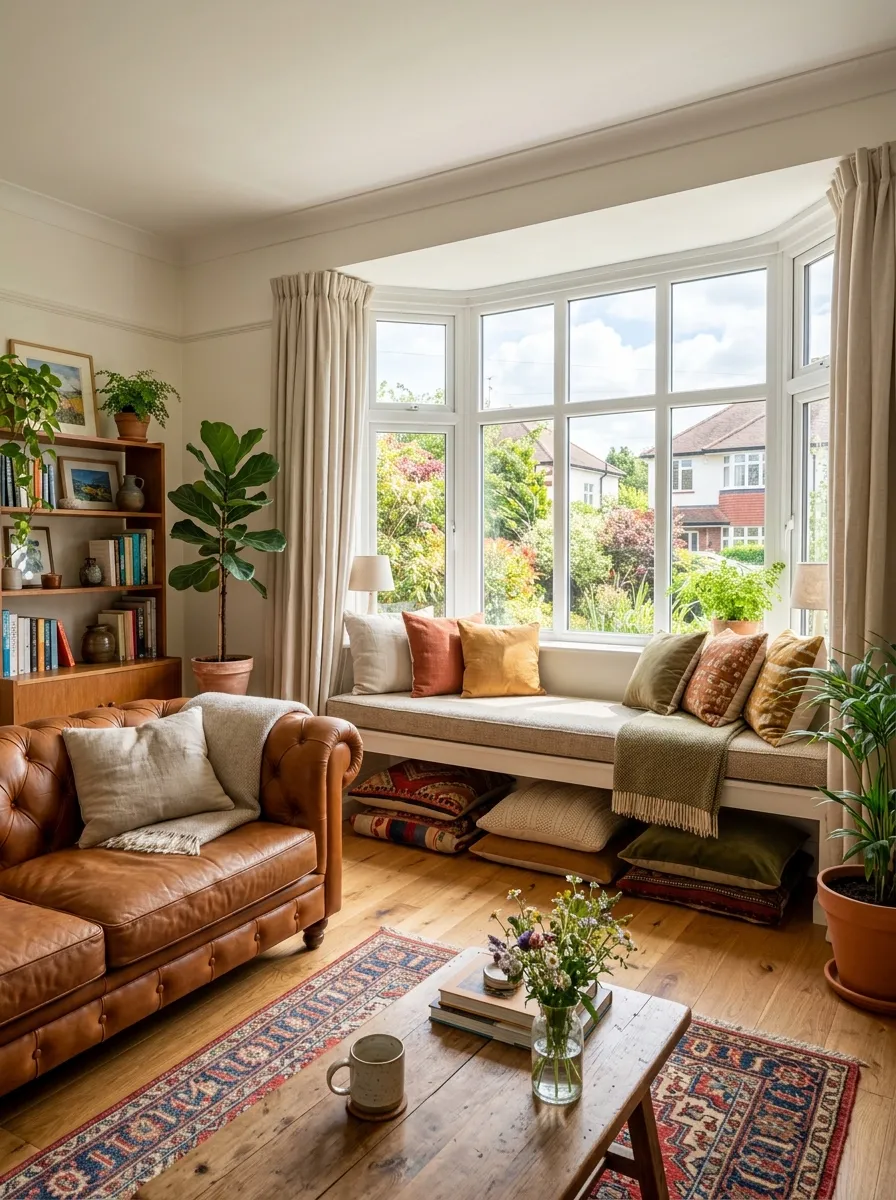 A real-life living room with a leather couch positioned near a beautifully arranged bay window, neatly styled window seat with floor cushions, organized clean layout, bright natural light flooding the space, warm vibrant tones, photorealistic stock photo, wide angle, no people.