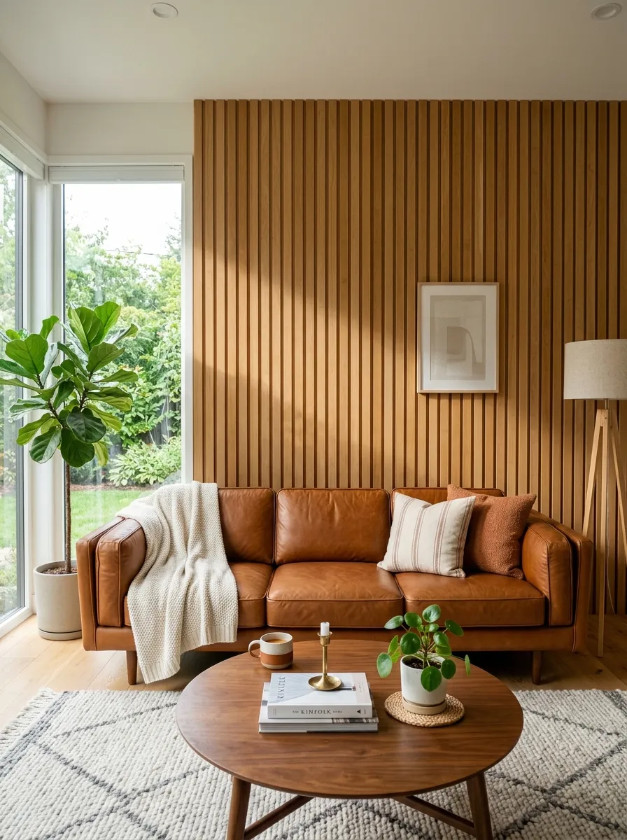 A real-life living room with a leather couch in front of a beautifully arranged wood slat accent wall, neatly organized vertical wooden panels, clean modern styling, bright natural light casting soft shadows across the slats, warm vibrant wood tones, photorealistic stock photo, no people.