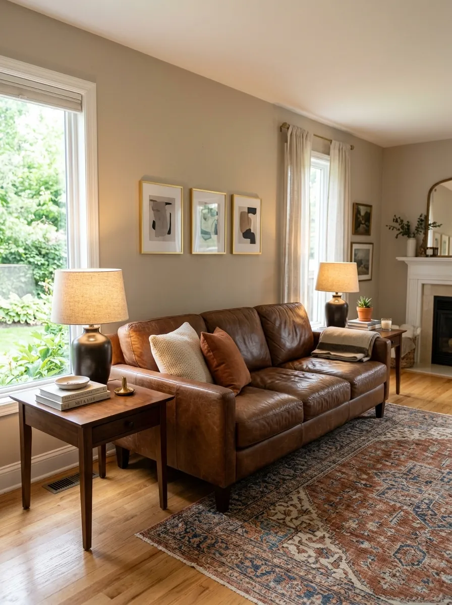 A real-life living room with a leather couch flanked by a beautifully arranged matching pair of linen-shade table lamps, neatly placed on side tables, organized clean symmetrical styling, bright natural light complemented by warm lamp glow, vibrant cozy tones, photorealistic stock photo, no people.