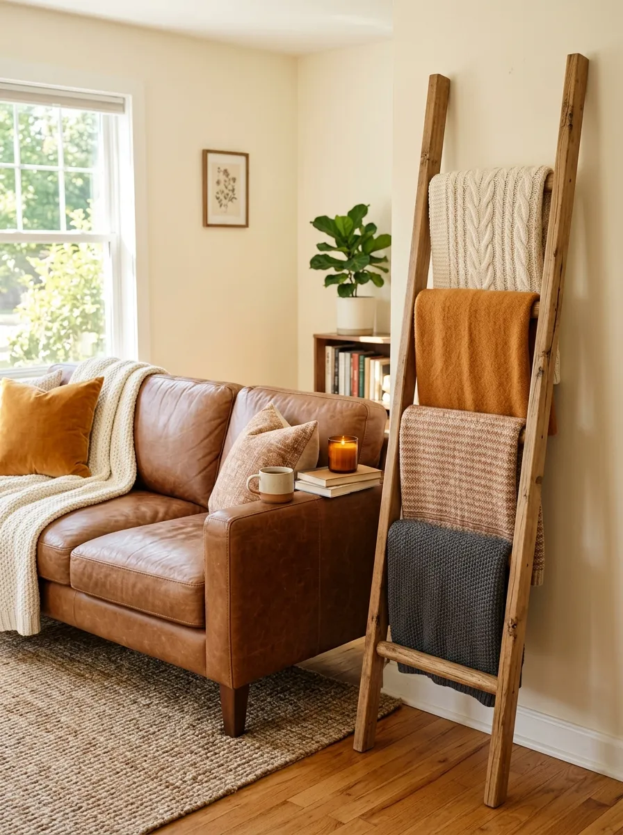 A real-life living room with a leather couch beside a beautifully arranged wooden blanket ladder, neatly folded knit throws organized on each rung, clean cozy corner styling, bright natural light, warm vibrant tones, photorealistic stock photo, no people, no text.
