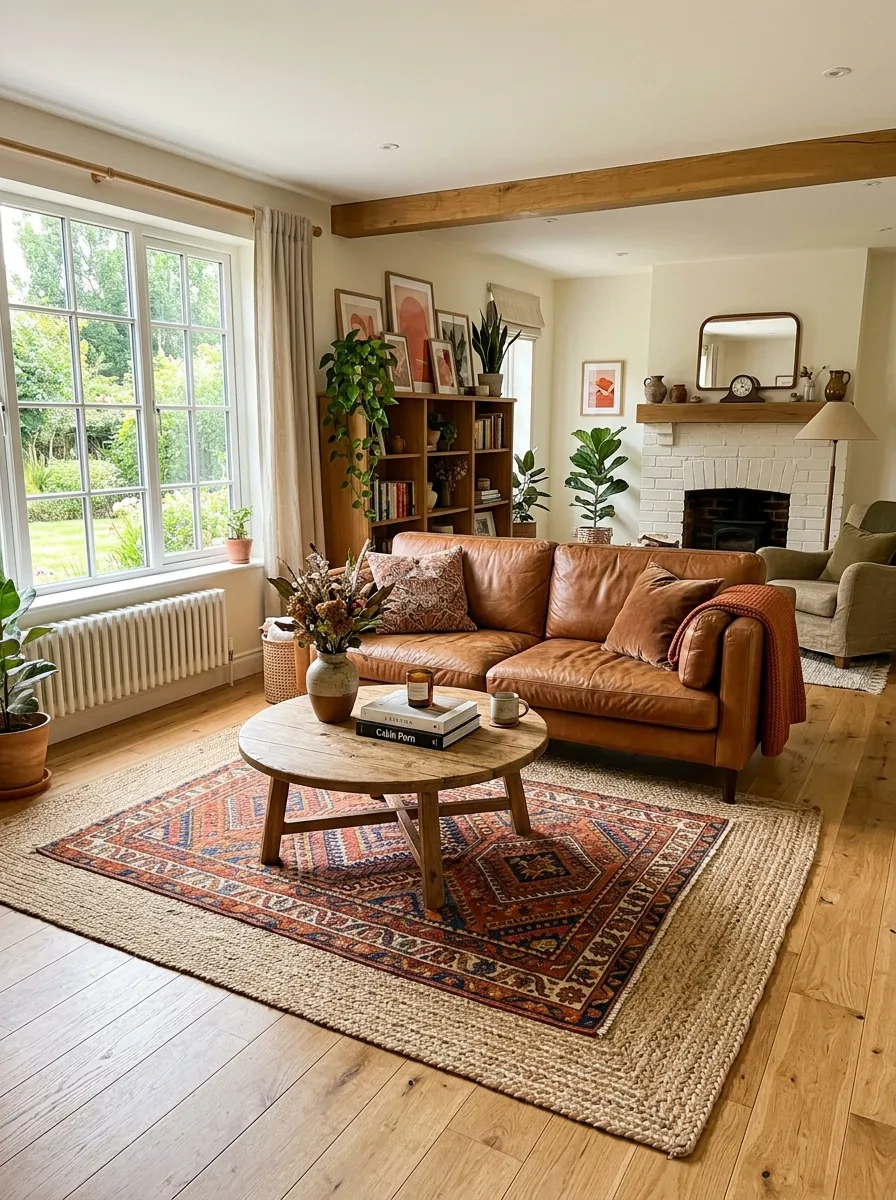 A real-life living room with a leather couch on a beautifully arranged layered rug setup, neatly organized patterned rug on top of a natural jute base, clean boutique-style layout, bright natural light, warm vibrant tones, photorealistic stock photo, wide angle, no people.