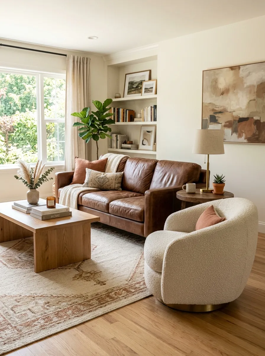 A real-life living room with a leather couch and a beautifully arranged bouclé swivel accent chair neatly angled beside it, organized clean layout, bright natural light, soft warm vibrant tones, photorealistic stock photo, eye-level shot, no people.
