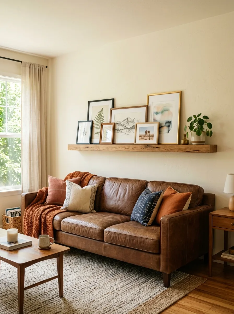 A real-life living room with a leather couch beneath a beautifully arranged floating picture ledge, neatly layered framed art and a small plant, organized clean wall styling, bright natural light, warm vibrant tones, photorealistic stock photo, no people, no text.