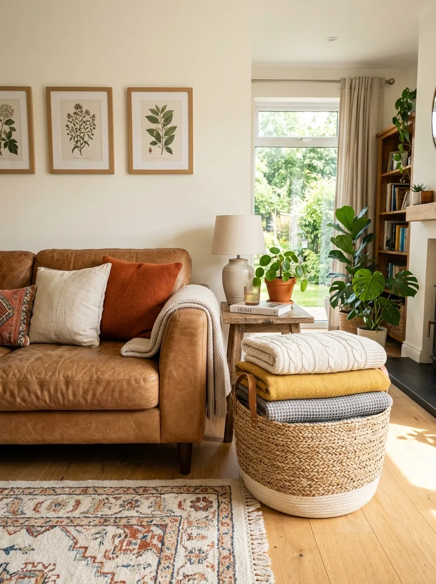 A real-life living room with a leather couch and a beautifully arranged large woven storage basket neatly placed beside it, organized folded blankets inside, clean tidy styling, bright natural light, warm vibrant tones, photorealistic stock photo, no people, no text.