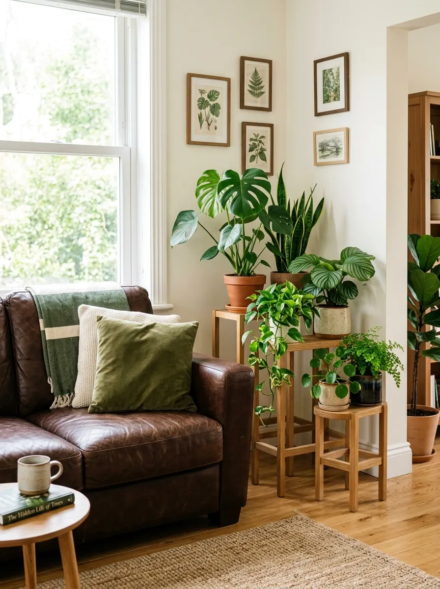 A real-life living room with a leather couch beside a beautifully arranged trio of plant stands at varying heights, neatly organized mixed greenery, clean fresh corner styling, bright natural light, rich vibrant green tones, photorealistic stock photo, no people.