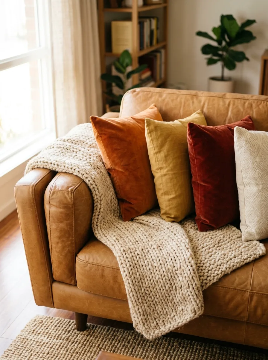 Close-up real-life photo of a tan leather couch neatly draped with a beautifully arranged chunky knit throw blanket, organized velvet and linen pillows in warm vibrant colors, soft bright natural light from a window, clean cozy styling, photorealistic stock photo, shallow depth of field, no people.