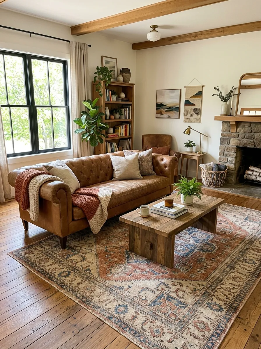 A real-life living room with a leather couch on a beautifully arranged vintage-inspired distressed area rug, neatly organized warm muted pattern, clean cozy layout, bright natural light, warm vibrant tones, photorealistic stock photo, wide angle, no people.
