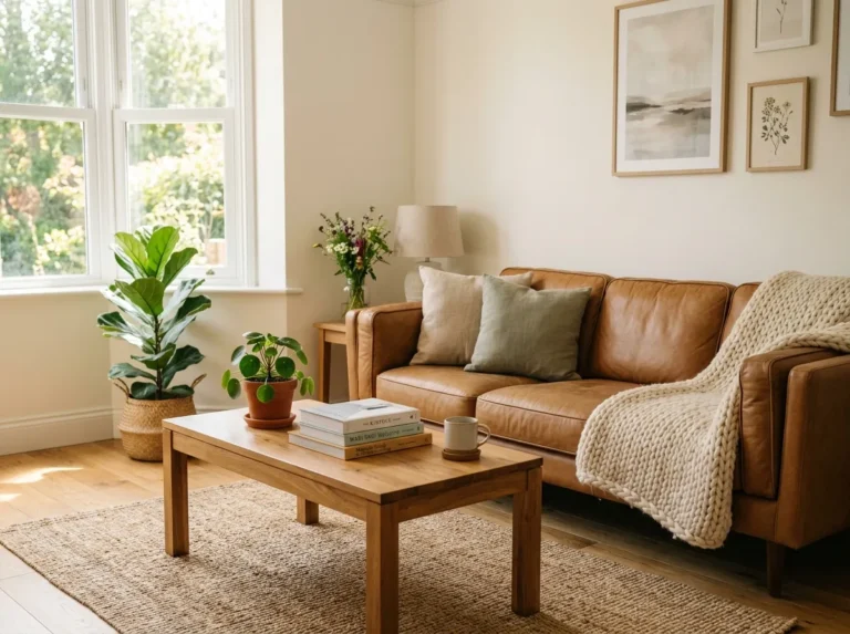 A cozy real-life living room photographed in natural daylight, featuring a neatly made tan leather couch as the centerpiece, beautifully arranged with a chunky knit throw and two linen pillows, organized wooden coffee table with a small plant and a stack of books, clean woven jute rug underneath, warm sunlight streaming through a nearby window, vibrant green plant accents, shot on a 35mm lens at eye level, photorealistic stock-photo style, shallow depth of field, no people, no text, no clutter.