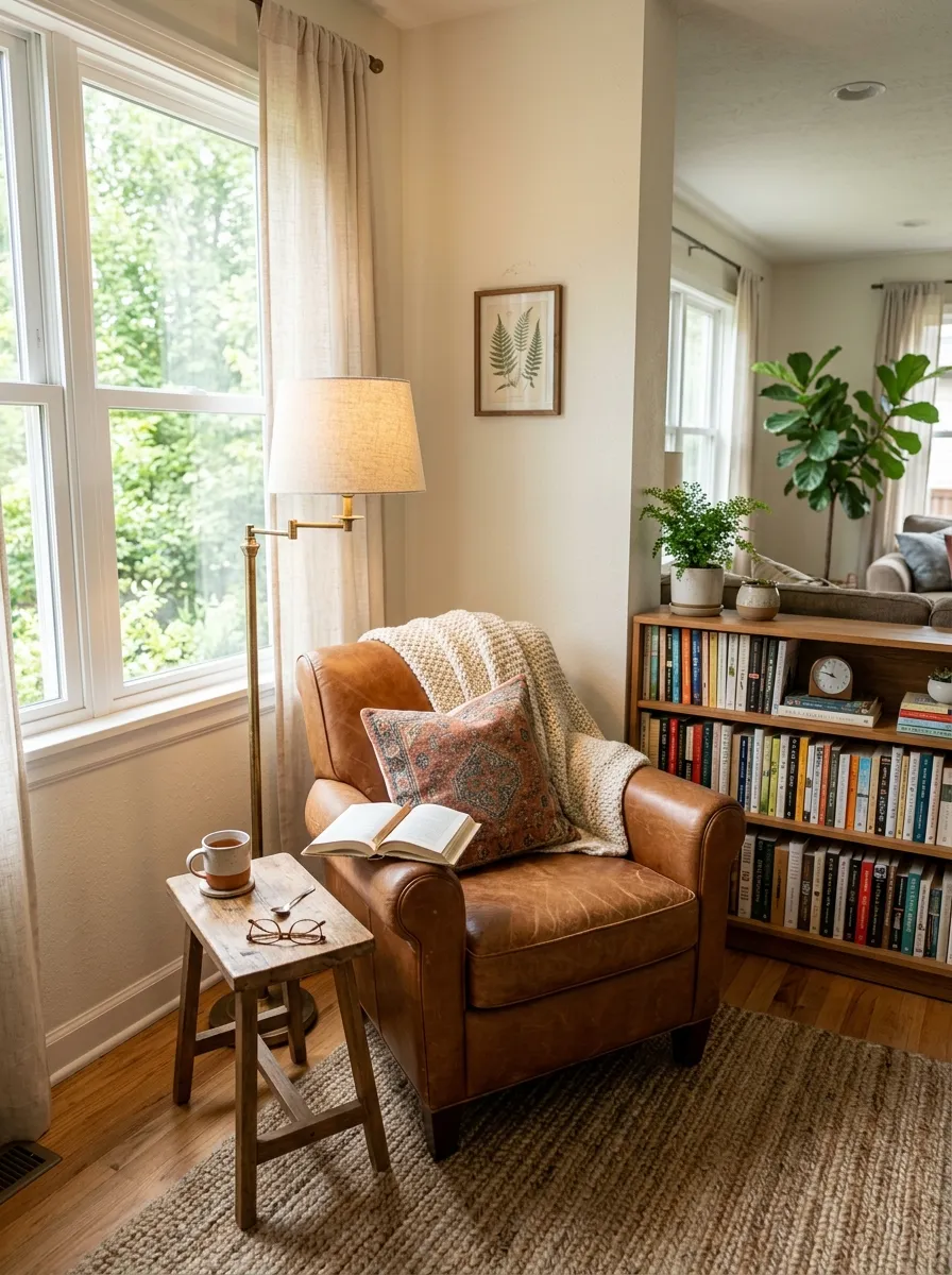 A real-life reading nook in the corner of a living room, cognac leather armchair neatly positioned beside a slim brass floor lamp, beautifully arranged small side table with a book and cup of tea, organized low wooden bookshelf, bright natural light, warm vibrant tones, photorealistic stock photo, no people.