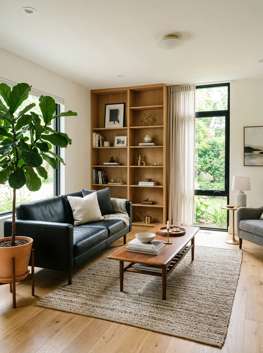 A real-life living room with a black leather couch balanced by a beautifully arranged walnut wood coffee table and oak shelving, neatly organized brass accent decor, large vibrant green plant beside the sofa, bright natural light streaming in, clean modern styling, photorealistic stock photo, wide shot, no people.