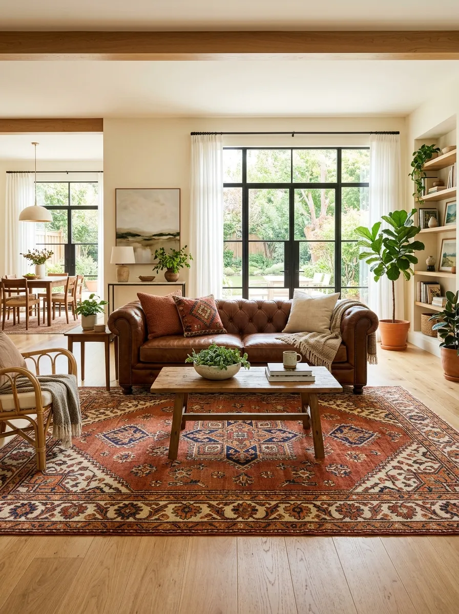 A real-life open-plan living room with a brown leather couch, neatly positioned on a beautifully arranged bold patterned rug in terracotta and rust tones, organized clean floor space around it, bright natural light from large windows, vibrant warm colors, photorealistic stock photo, wide angle, no people.