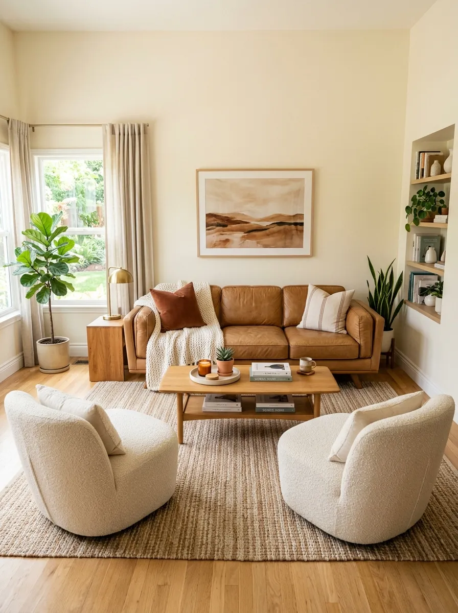 A real-life living room with a tan leather couch facing two beautifully arranged bouclé accent chairs, neatly organized low wooden coffee table centered between them, clean symmetrical layout, bright natural light, soft vibrant cream and warm tones, photorealistic stock photo, eye-level shot, no people.