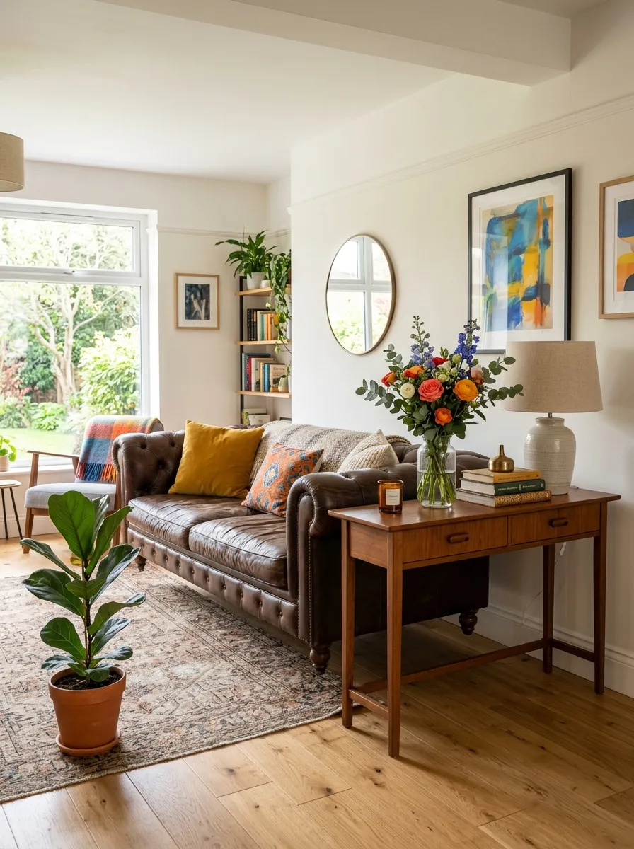 A real-life living room with a leather couch floating in the room, a beautifully arranged slim wooden console table neatly styled behind it with a table lamp and vase of fresh flowers, organized clean surface, bright natural light, vibrant accent colors, photorealistic stock photo, no people.