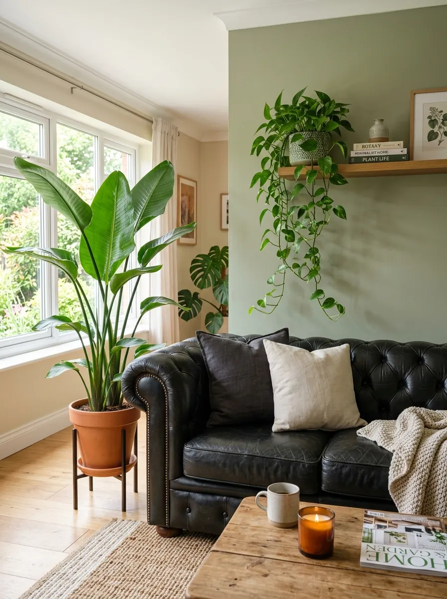 A real-life living room with a black leather couch beside a beautifully arranged tall vibrant green floor plant, neatly organized trailing plant on a nearby shelf, clean fresh styling, bright natural light streaming through a window, rich vibrant green tones, photorealistic stock photo, no people.