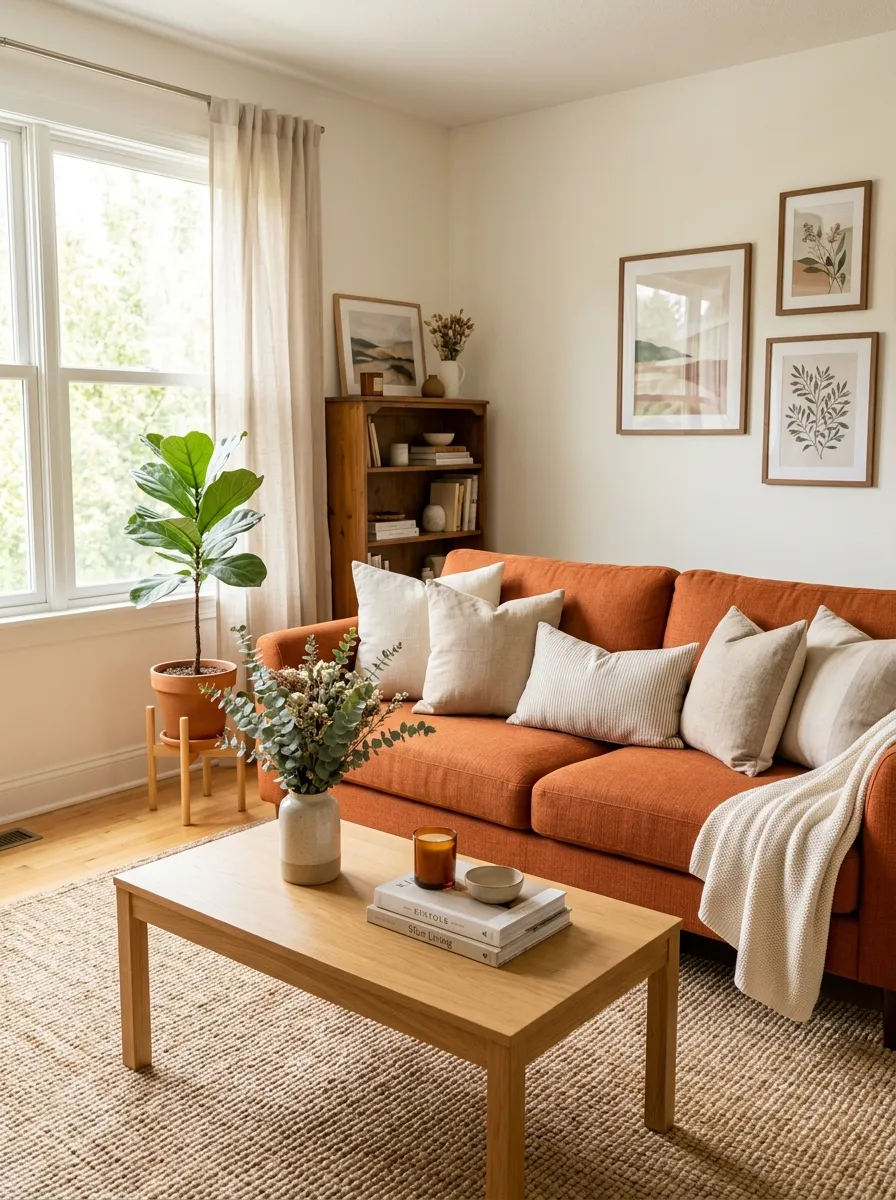 Real-life lifestyle photography of a cozy living room with a burnt orange couch, neatly arranged neutral linen throw pillows, a woven jute rug underneath, and a light wood coffee table. Soft bright natural light streaming through a window, clean and organized styling, beautifully arranged decor, vibrant warm color tones, shot on a DSLR camera, no people, high resolution stock photo style.